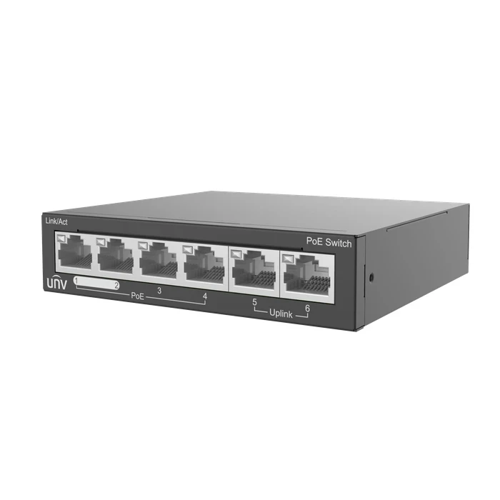 UNV 4-Port Fast Ethernet Unmanaged PoE Switch with 60W Budget, Priority Ports & 250m Extend Mode | NSW2020-6T-POE-IN