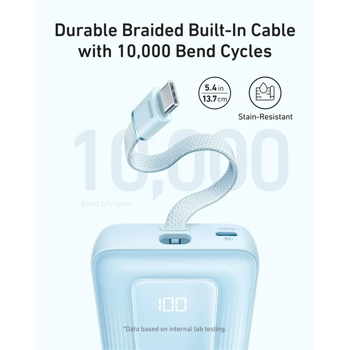 Anker Zolo 10,000mAh 30W Fast Charging Power Bank | Built-In USB-C & MFi Lightning Cables, 4-Port Output & Smart Display in Blue | A1680H31