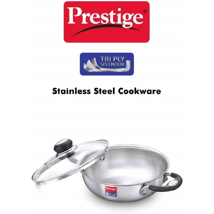 Prestige Triply Splendor Stainless Steel Induction Base Kadai with Tempered Glass Lid (24 CM / 2.7L & 26 CM / 3.25L) | 3-Layer Composite Cookware - Model 37424 / 37425