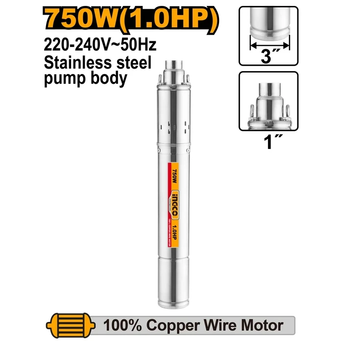 INGCO 3" Submersible Deep Well Screw Pump | 750W (1.0HP) Pure Copper Motor with 103m Max Head, 33L/min Flow, Stainless Steel Body & 9m Cable | SWP7501