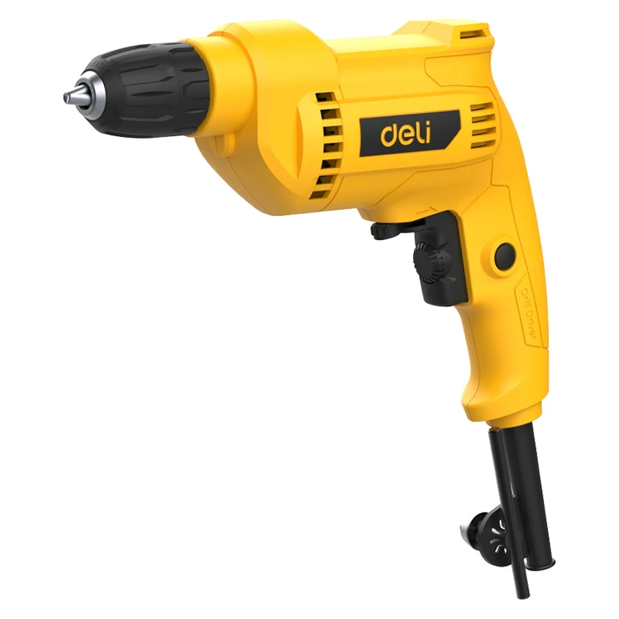Deli 500W Semi-Pro 10mm Keyless Chuck Electric Drill | 0–3300 RPM Variable Speed Pure Copper Motor Rotary Drill with Forward/Reverse & Switch Lock (Yellow) | EDL-DZ10-E2
