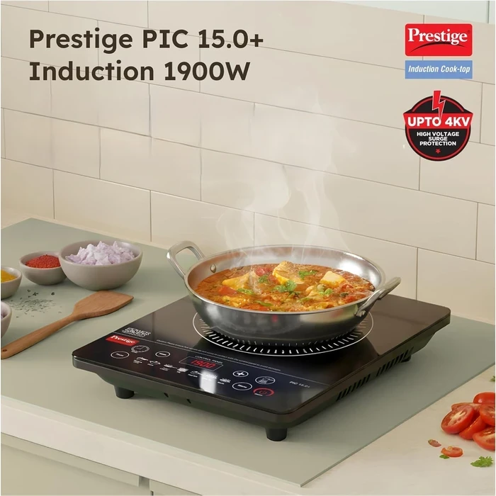 Prestige PIC 15.0+ 1900W Induction Cooktop with Automatic Voltage Controller | Feather Touch Glass Top Countertop Stove - Model 41958