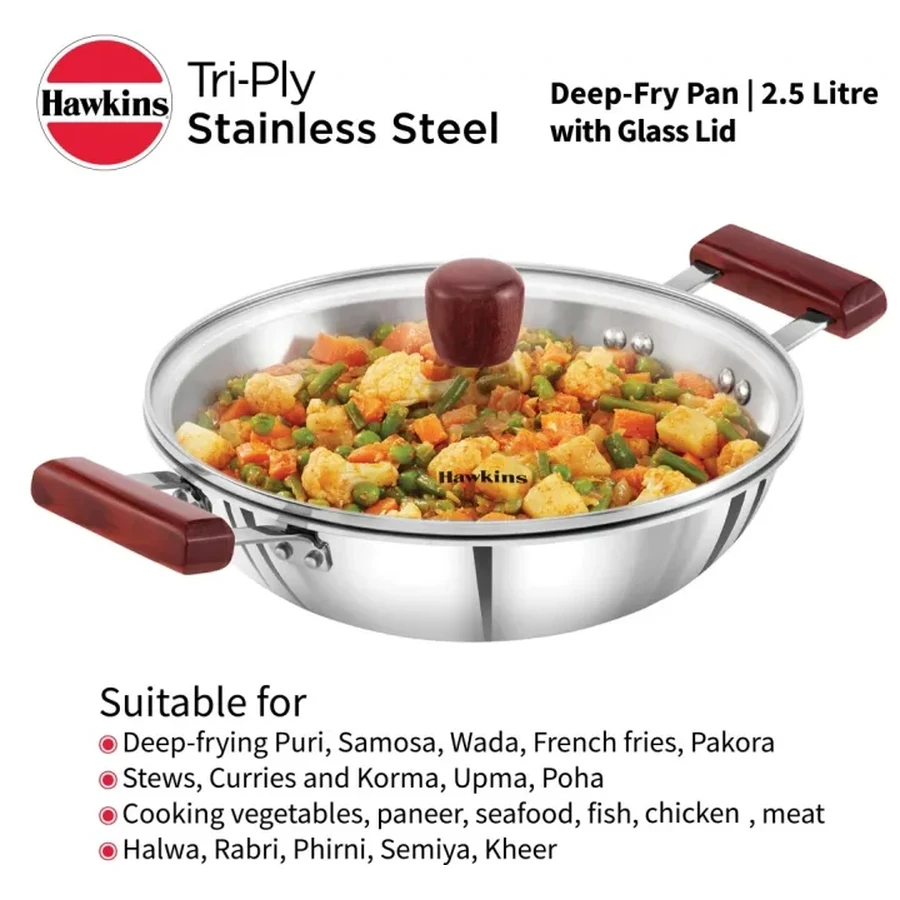 Hawkins SSD25G 2.5L Tri-Ply Stainless Steel Deep Fry Pan (Kadhai) with Glass Lid | 26 cm | Rosewood Handles | Induction & Gas Compatible