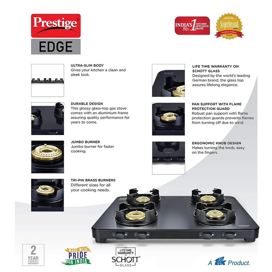 Prestige PEBS 04 4-Burner Ultra-Slim Toughened Glass Gas Stove | 6mm Black Glass Top with Tri-Pin Brass Burners & Spill-Proof Design - Model 40288