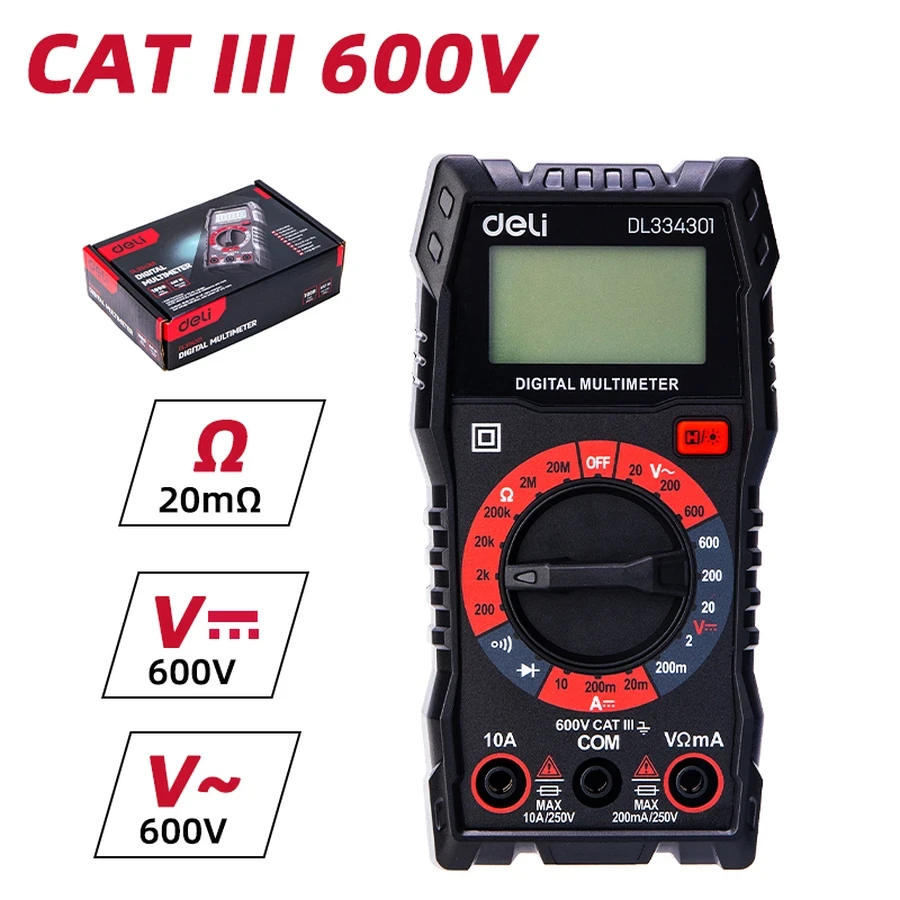 Deli Digital Multimeter CAT III 600V Manual Ranging 3 1/2 Digit Display for AC/DC Voltage, DC Current & Resistance with LCD Backlight (Red) | EDL334301