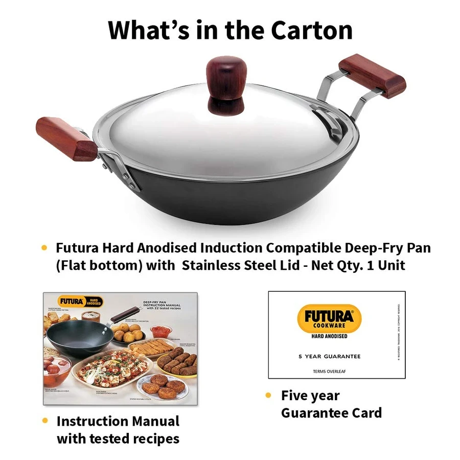 Hawkins IAD25S 2.5L Hard Anodised Deep Fry Pan (Kadhai) | Flat Bottom | Induction Compatible | Rosewood Handles | SS Lid | Black