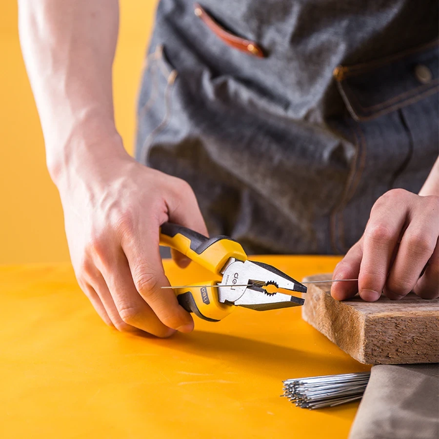 Deli 8" Professional Forged 55# Carbon Steel Combination Pliers | Heavy-Duty 54-62 HRC Cutting Edge Lineman's Pliers with Dual-Color PVC Grip | EDL2008 (Yellow/Black)
