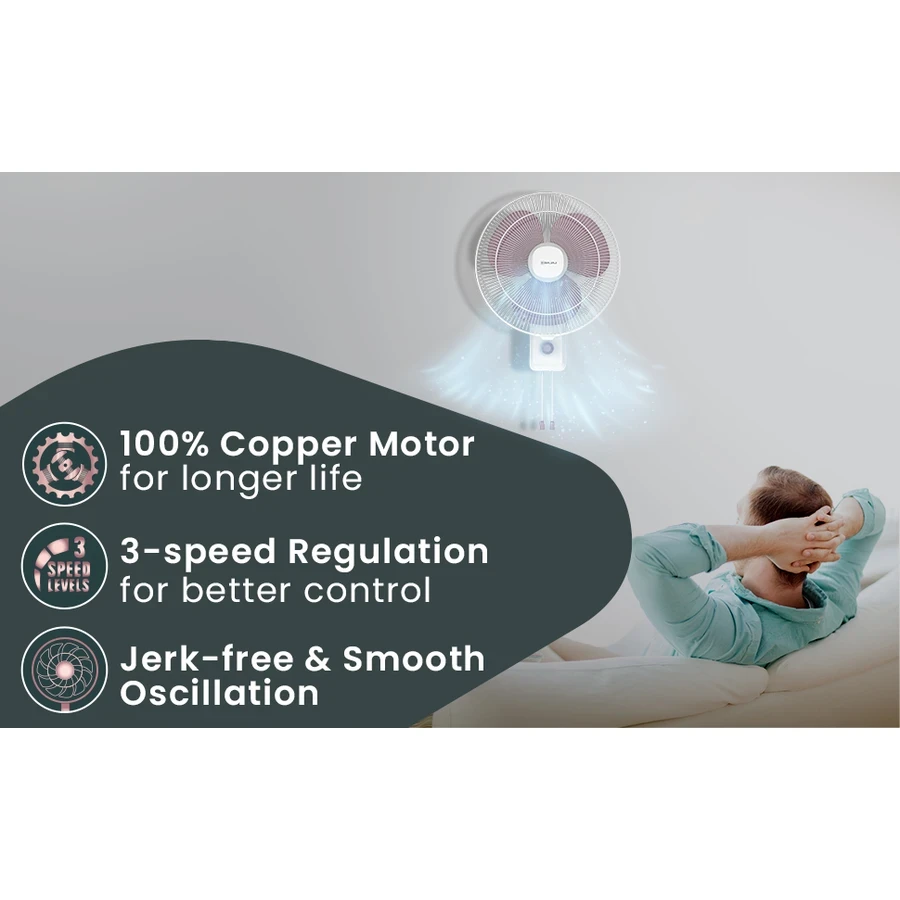 Bajaj Robusto 16" Wall Fan | High-Performance Shield Series Motor & 3 Aerodynamic Blades | Pull-Cord Regulation & Gloss Finish | Lavender & White | 252002