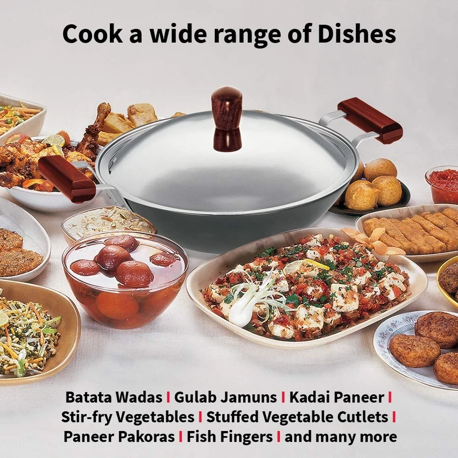 Hawkins IAD25S 2.5L Hard Anodised Deep Fry Pan (Kadhai) | Flat Bottom | Induction Compatible | Rosewood Handles | SS Lid | Black