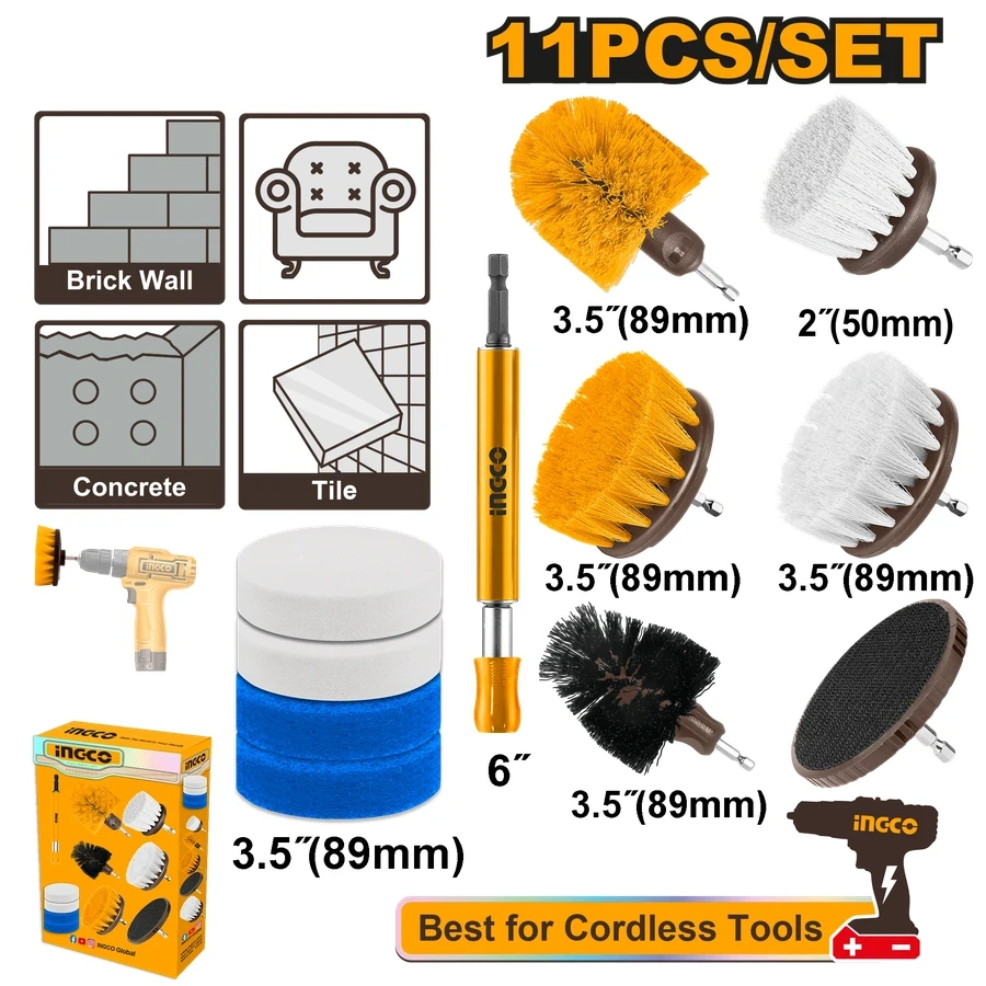 11 Pcs Universal Cleaning Brush Set | 1/4" Hex Shank Drill Attachments with 6" Extension Holder | WCB1101