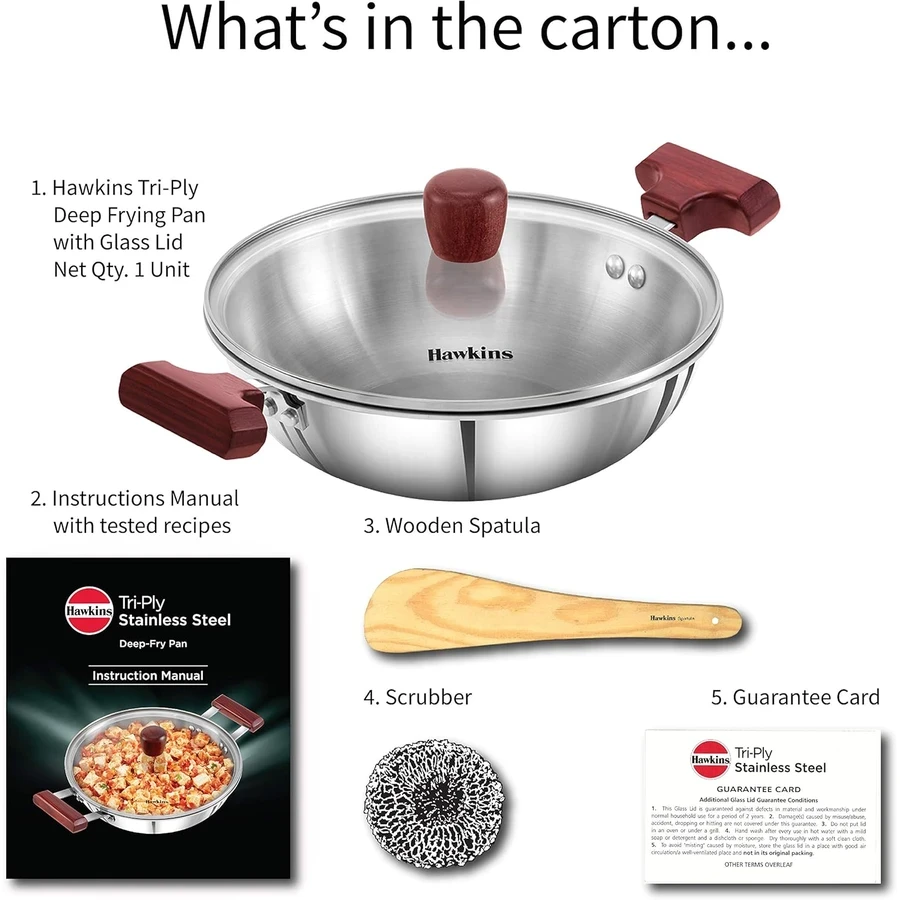 Hawkins SSD15G 1.5L Tri-Ply Stainless Steel Deep Fry Pan (Kadhai) with Glass Lid | Induction & Gas Compatible | Silver