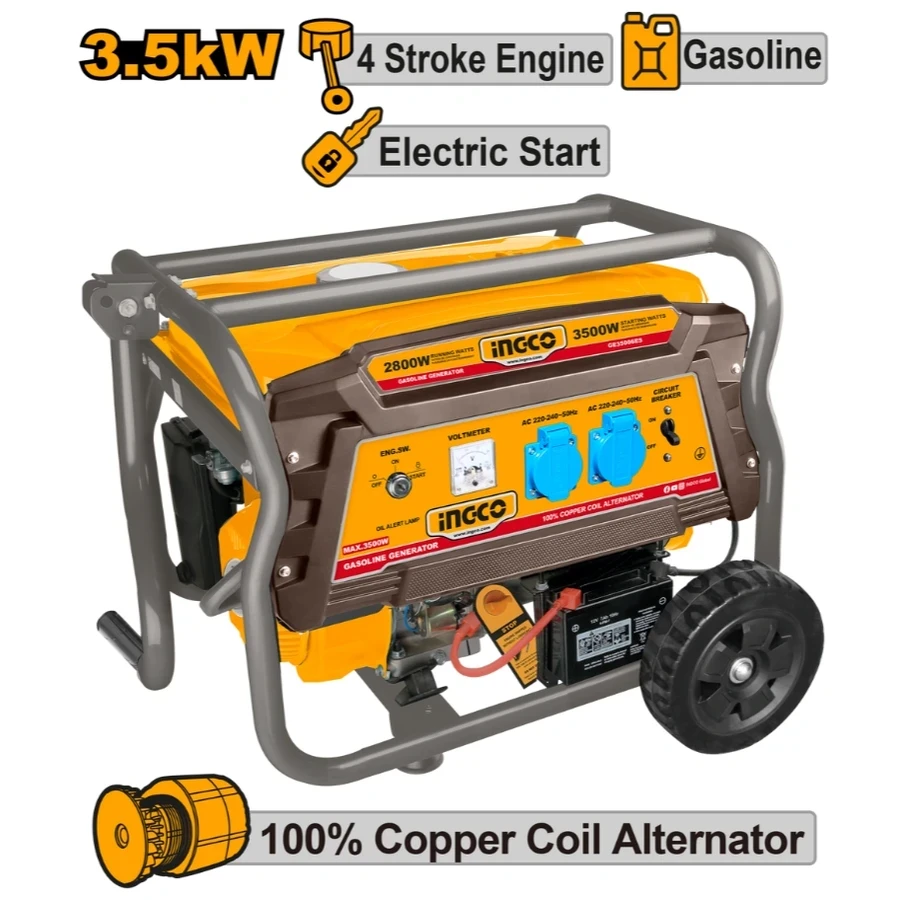 Professional Dual-Start Gasoline Generator | 3.5kW (208cc 4-Stroke OHV) 100% Copper Coil Alternator with Wheel Kit & 15L Fuel Tank | GE35006ES