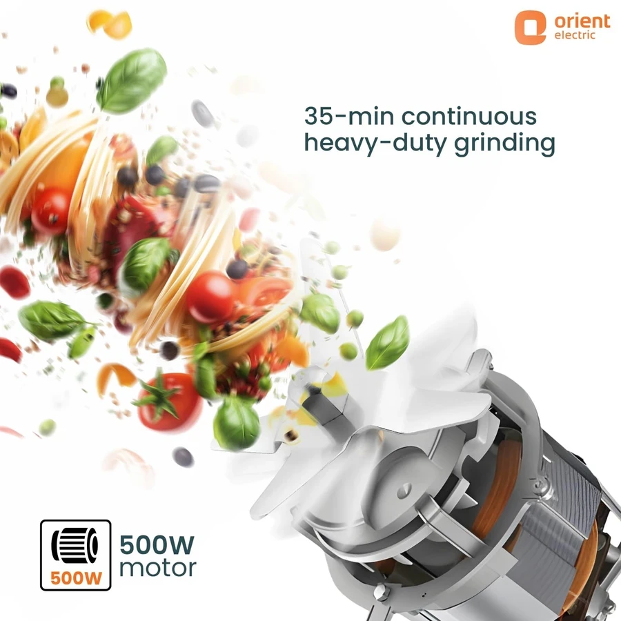 Orient Kitchen Kraft 500W Multi-Purpose Mixer Grinder | 1.2L Capacity with Stainless Steel Jars, Dishwasher Safe Containers & Easy Knob Controls (White)
