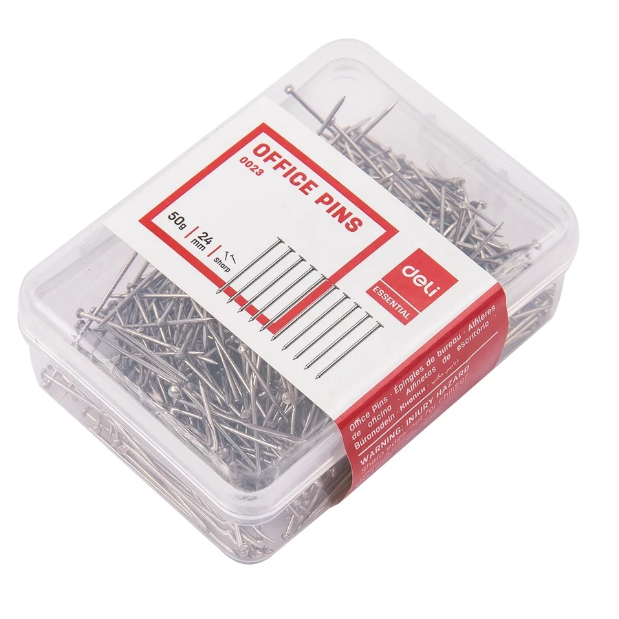 Deli Standard Office Straight Pins (24mm / 1 Inch) | Nickel-Plated Rustproof Steel Pins for Corkboards & Paper Fastening (Silver) | E0023