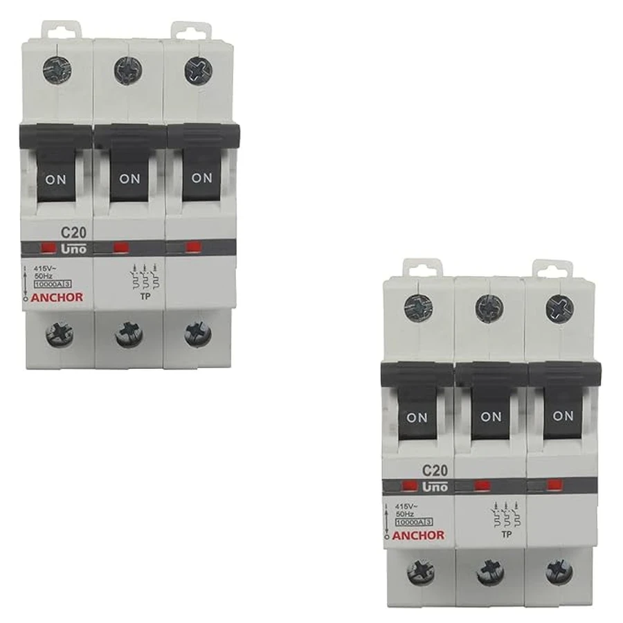 Anchor UNO TP MCB 20A 'C' Curve 98028 - Three Pole, Low Current Capacity, Wall Mount Standard Circuit Breaker