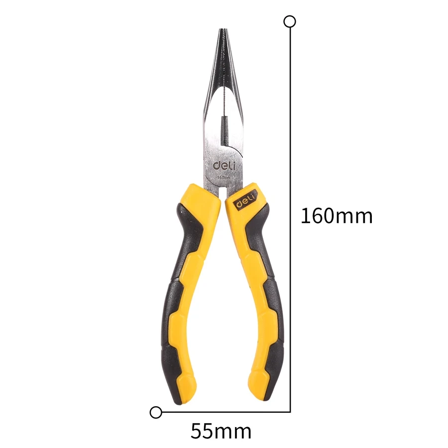 Deli 6" Professional Forged 55# Carbon Steel Long Nose Pliers | Heavy-Duty 54-62 HRC Cutting Edge Precision Needle Nose Tool with Dual-Color Grip | EDL2106 (Yellow/Black)