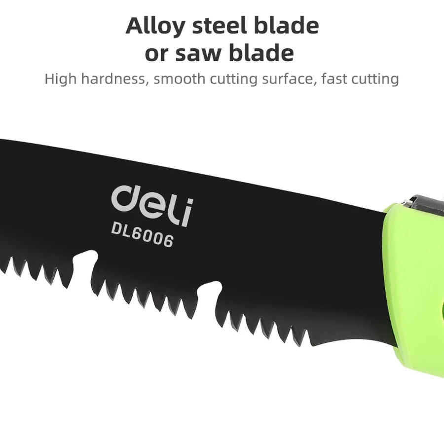 Deli Heavy-Duty Folding Saw 180mm (7") 65Mn Steel Blade with Triple-Ground Quenched Teeth & Safety Lock for Pruning & Camping (Green) | EDL6006