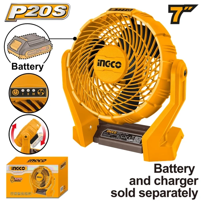 INGCO 20V 7" Portable Cordless Jobsite Fan (Multi-Speed, Tilting Head, P20S Platform Bare Tool) for Workshop & Site Cooling | CFALI2007
