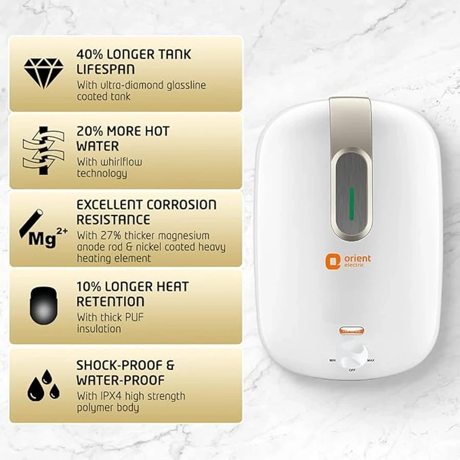 Orient New Glazio Water Heater | 10L, 15L & 25L Capacity | 4-Star Rated | 2000W | 8 Bar Pressure | Glassline Tank | White-Grey