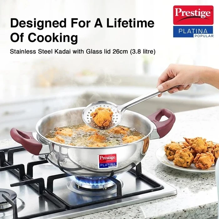 Prestige Platina Popular Stainless Steel Induction Base Kadai with Tempered Glass Lid (26 CM / 3.8L & 28 CM / 4.6L) | Gas & Induction Compatible - Model 36887 / 36888