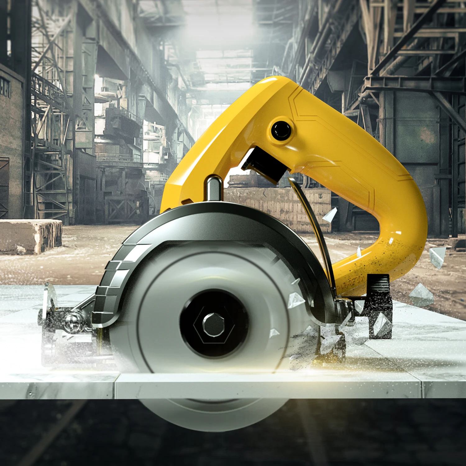 Deli 1250W 110mm Professional Marble Cutter (13,500 RPM) | Heavy-Duty 0–45° Bevel Stone & Tile Cutting Machine with 33mm Max Depth (Yellow) | EDL-YS110-E1
