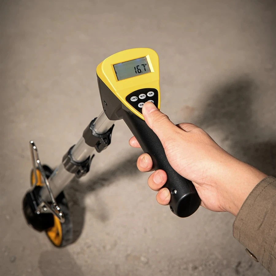 Deli 150mm (6") Digital Distance Measuring Wheel | Metric/Imperial Electronic Survey Meter with Large Backlit LCD, 5 Data Memory & 3-Stage Folding Handle | EDL9713 (Yellow)