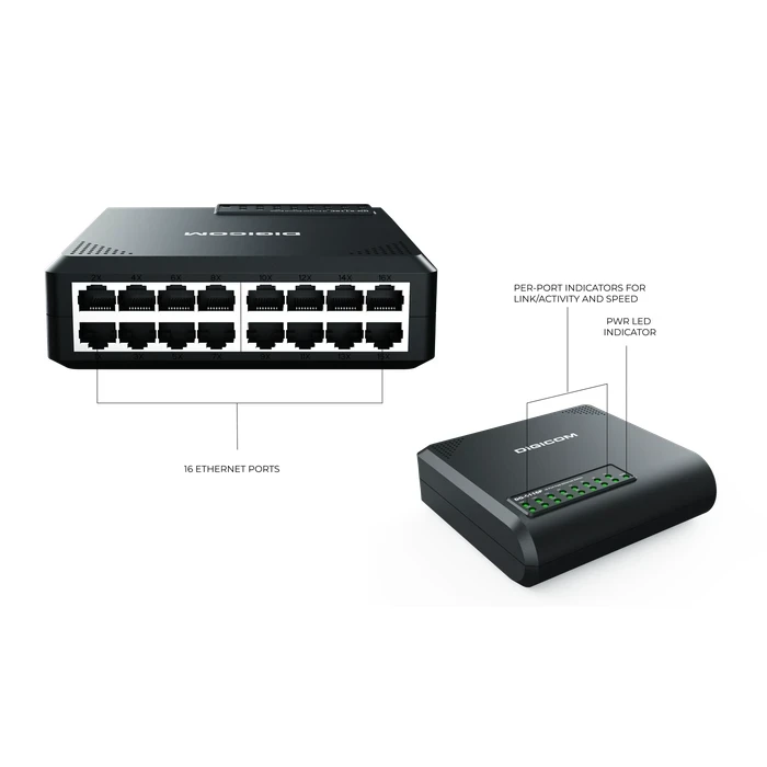 Digicom DG-5116P 16 Port Desktop Switch | 10/100 Mbps High Density Logic | RLT8316E Chipset & Auto Negotiation System | 16 Ports