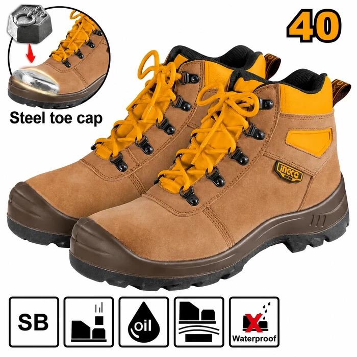 INGCO Heavy-Duty Steel-Toe Safety Boots (Sizes 40 & 43) | Puncture-Resistant Steel Midsole & Dual-Density PU Outsole | Yellow-Brown Leather Finish