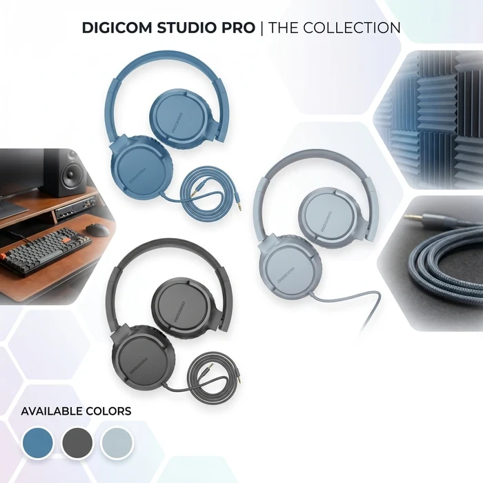 Digicom W7 Wired Headphones | 40mm Neodymium Driver Logic | Tangle-Proof Braided Cord & Inline Microphone | Blue, Black & Grey