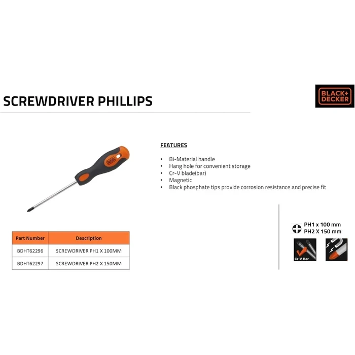 BLACK+DECKER PH2 x 150mm Chrome Vanadium Phillips Screwdriver | Magnetic Tip Long-Reach Bi-Material Soft Grip Fastening Tool | BDHT62297