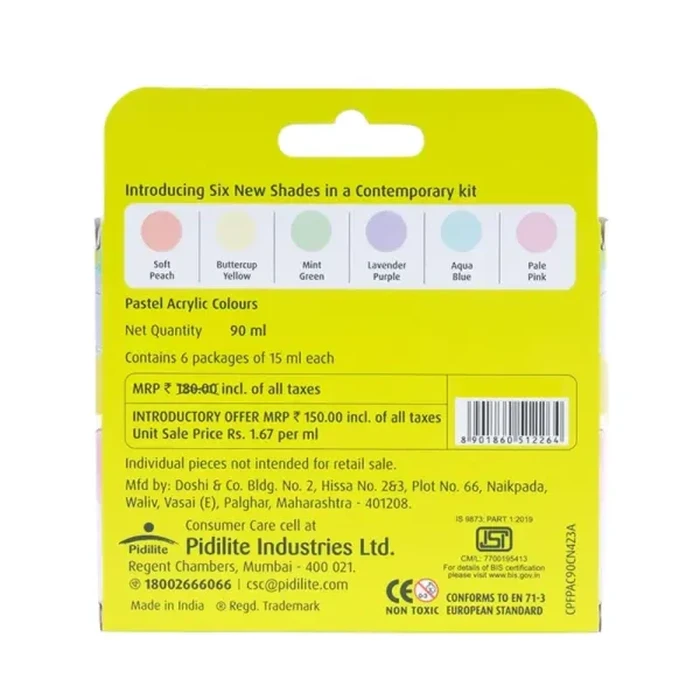 Pidilite ASF Fevicryl Pastel Acrylic Paint Kit | 6-Shade Water-Based Fast-Drying Art Set for Canvas, Wood & Terracotta | 90 ML