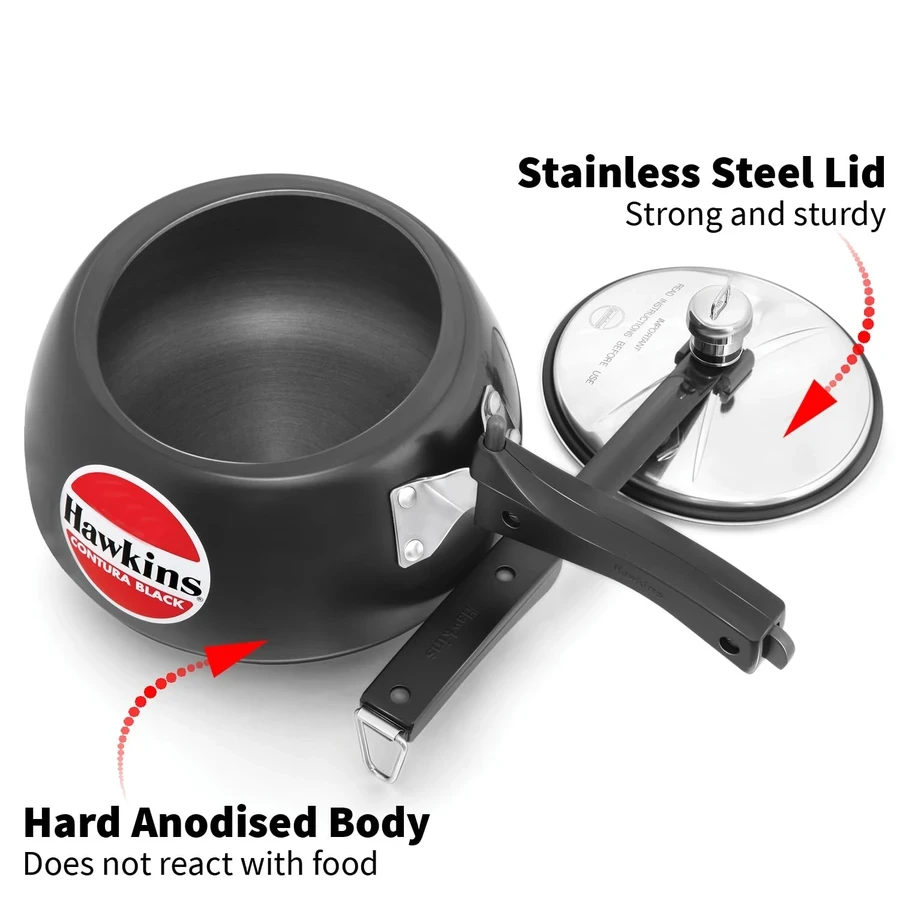 Hawkins Contura Black Pressure Cooker | Hard Anodised Body | Stainless Steel Lid | Rapid Heating Black Base | 1.5L to 5L
