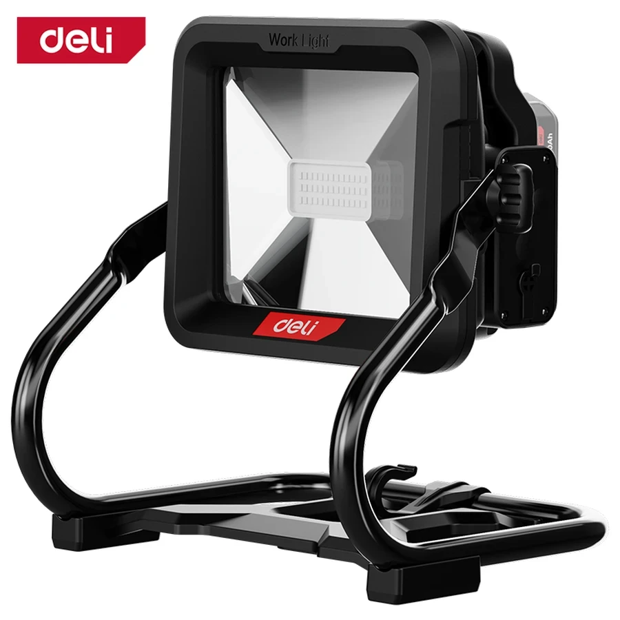 Deli Cordless LED Work Light 20V 3000 Lumens Dual-Power (Plug-in/Battery) with 360° Swivel Head & Heavy-Duty Frame (Red) | EDE830Z
