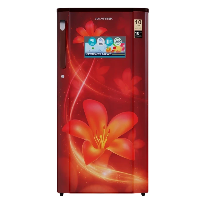 Akaritek 180L Single Door Direct Cool Refrigerator (A++ Energy Saving, R600a) | Toughened Glass Shelves & Anti-Bacterial Gasket Red Floral PCM Fridge | AKGS180RF / AK-RS180RE