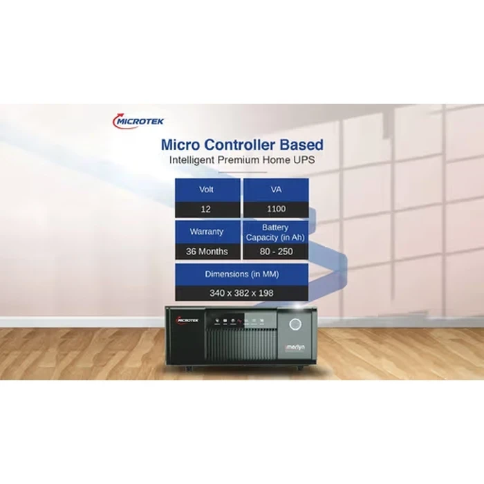 Microtek iMERLYN 1100VA 850W 12V Digital Square Wave Home Inverter | Wide 80V-290V Dual Inverter/UPS Mode Heavy Duty Power Backup | DG1250/12V