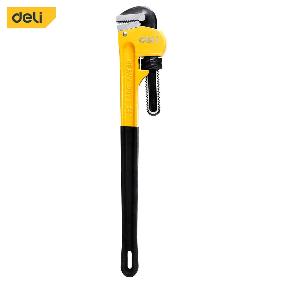 Deli 36" Industrial Heavy-Duty Straight Pipe Wrench | High-Torque Ductile Cast Iron Body with Induction-Hardened Steel Jaws & Ergonomic Anti-Slip Handle (Yellow/Black) | EDL2536