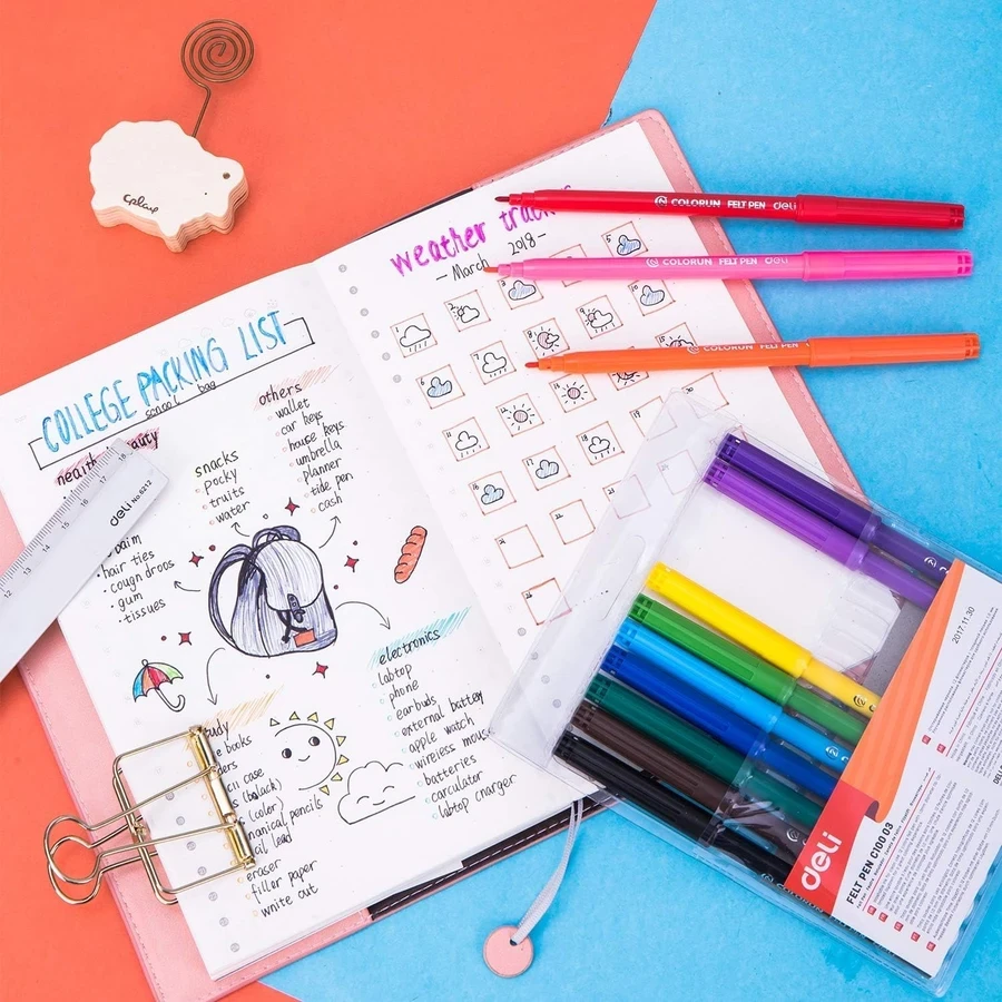 Deli 12-Color Creative Brush Pen Set | High-Pigment Flexible Tips | Ideal for Journals & Art | EC10003