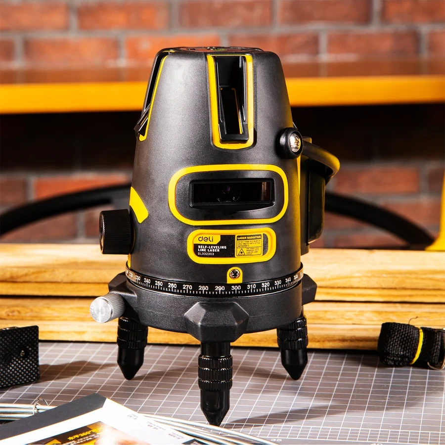 Deli 3-Line LD Green Beam Self-Leveling Laser Level | High-Visibility Outdoor Cross-Line Laser with 360° Rotary Base, ±3° Auto-Alarm & Plastic Case | EDL332303