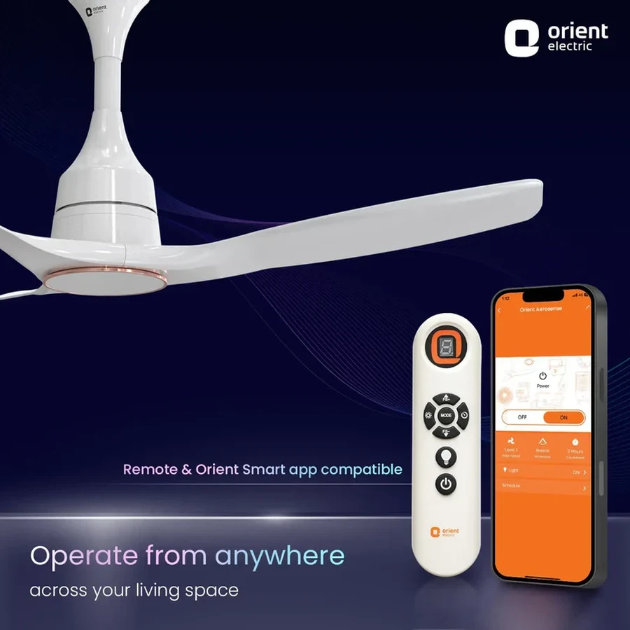 Orient Aerosense BLDC Ceiling Fan 40 Watts | 5-Star Rated | 1200 MM Sweep | 245 CCM Airflow | Remote Control | White