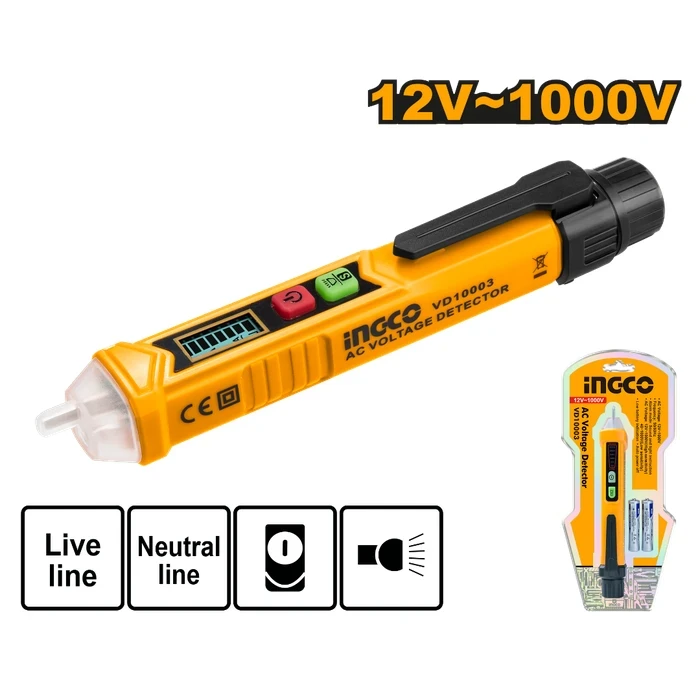 INGCO Dual-Sensitivity Non-Contact AC Voltage Detector Pen | 12V-1000V / 48V-1000V Circuit Tester with Sound & Light Alarm, Live/Neutral Wire Finder & Built-In White LED Flashlight | VD10003