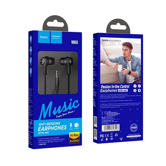 HOCO Passion In-Line Control Earphone | 12mm Driver | 3.5mm Plug | 1.2m Cable | M66