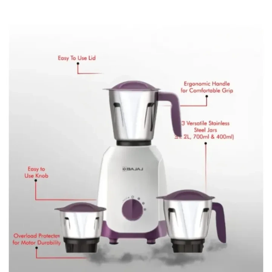 Bajaj Ninja Series Carve 750W Mixer Grinder & Centrifugal Juicer | 3 Jars & Overload Protection | Purple | 410578
