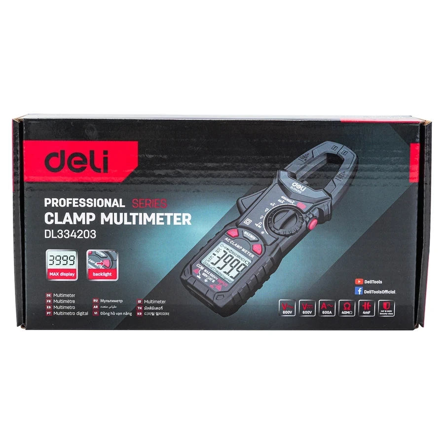Deli Digital Clamp Multimeter CAT III 600V Auto Ranging 25mm Jaw Clamp for AC/DC Voltage, AC Current & Resistance with Backlight & Data Hold (Red) | EDL334203