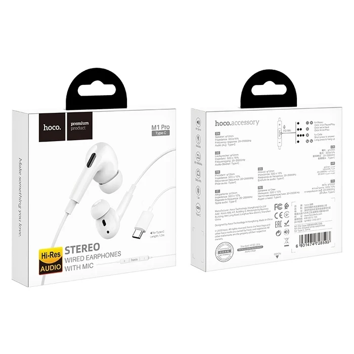 HOCO Original Series Wired Type-C Earphone with Mic | 12mm Driver | TPE High Elastic Cable | Black, White Finish | M1 Pro