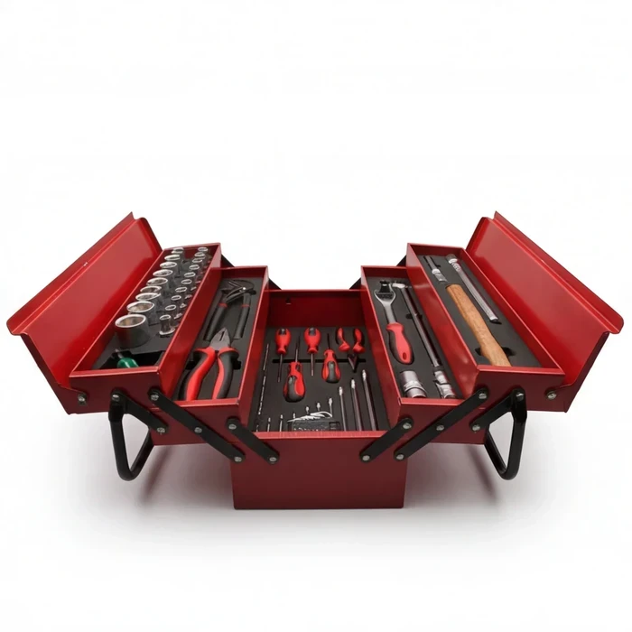 Baum 46-Piece Half Inch Drive Metric Socket And Master Mechanic Hand Tool Set In 5-Compartment Cantilever Metal Box Art-B20