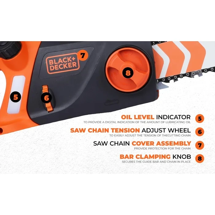 BLACK+DECKER 2200W 45cm (18") Corded Electric Chainsaw | Tool-Free Chain Tensioning & Auto-Oiling Safety Brake Log Cutter | BECS2245-IN