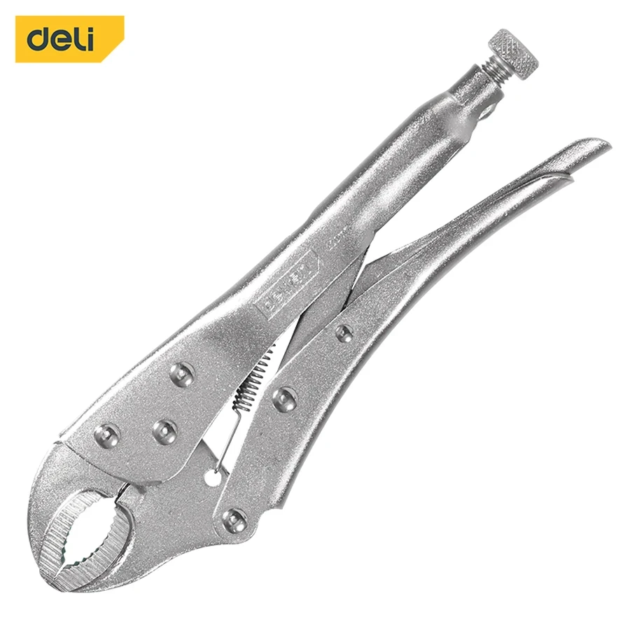 Deli 10" Professional Forged Carbon Steel Curved Jaw Locking Pliers | Heavy-Duty Mole Wrench with Fine Adjustment Screw & Wire Cutter | EDL2001 (Silver)