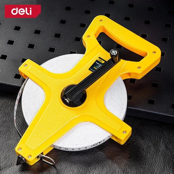 Deli Tools 50m (164ft) Fiberglass Measuring Tape | Non-Conductive Stretch-Resistant Blade with Open Frame Design & Dual Scale | EDL98050Y