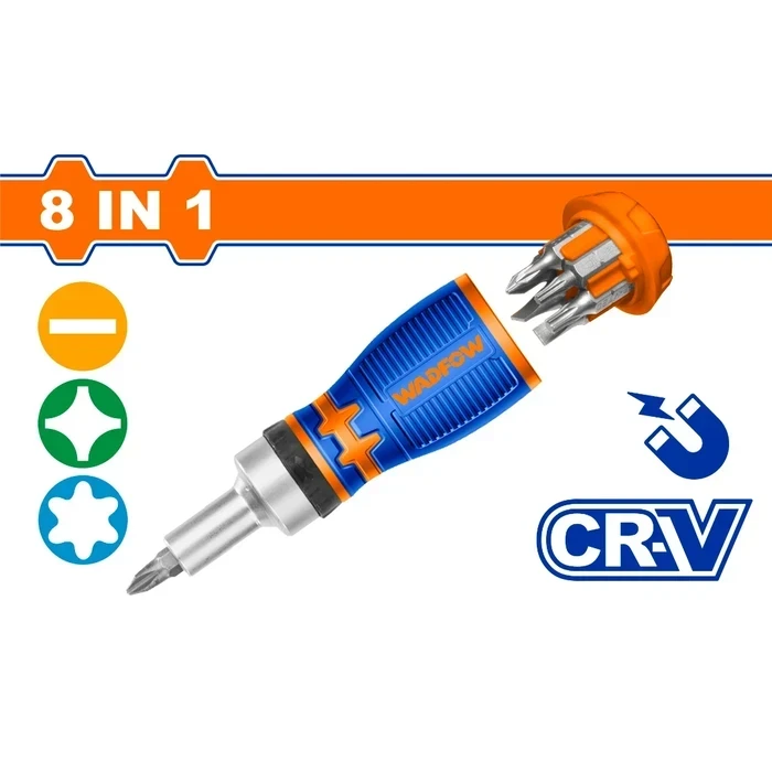 Wadfow 8-in-1 Professional Stubby Ratchet Screwdriver Set | Heavy-Duty Forged Cr-V Multi-Bit Pocket Drive Kit with 7 Pcs 1/4" x 25mm Slotted, Phillips & Torx Bits | WSS8608