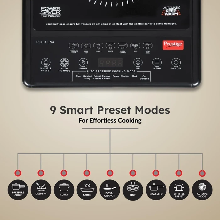 Prestige PIC 31.0 V4 2000W Induction Cooktop with Automatic Whistle Counter & Keep Warm Function | Touch Control Portable Countertop Stove - Model 41999